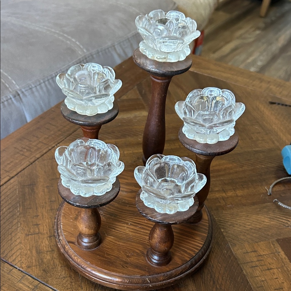 Vintage Wooden Candle Holder Stand With Five Frosted Rose